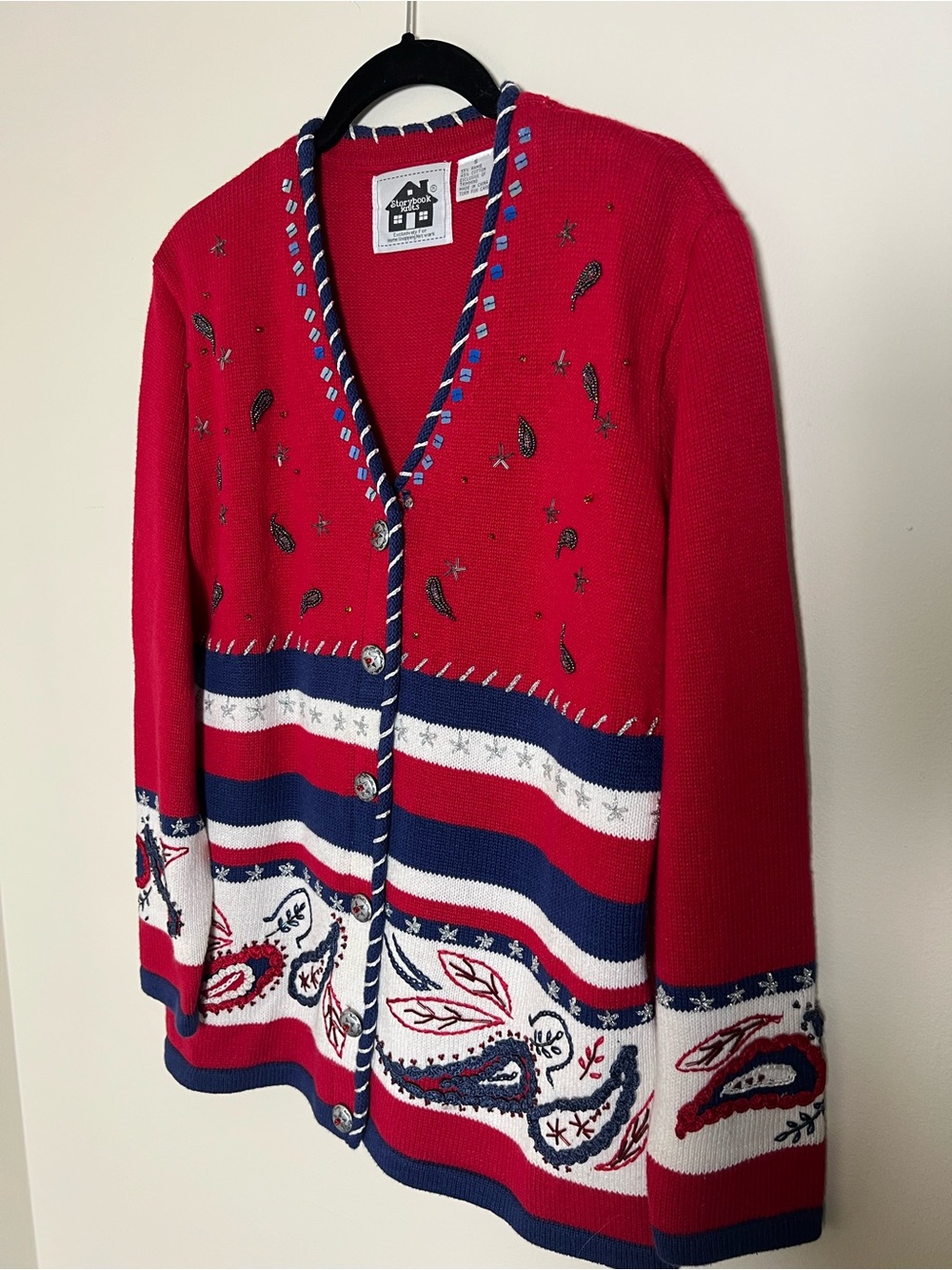 Vintage Red Striped Paisley Button-Front Women's Cardigan Beaded Embroidered